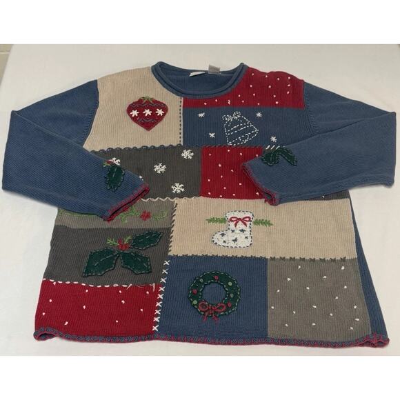 Vintage Cherokee Winter Holiday Christmas Patchwork Knit Sweater XL Stocking - Picture 1 of 12